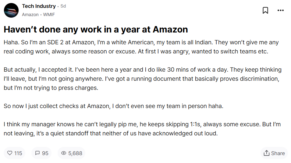 Розробник Amazon вже рік працює по 30 хвилин на день — через «дискримінацію» від колег з Індії