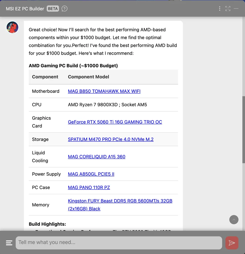 MSI представила EZ PC Builder: ШІ-помічник збирання ПК назвав Ryzen 9800X3D бюджетним та "витратив" $1700 на ПК за $1000
