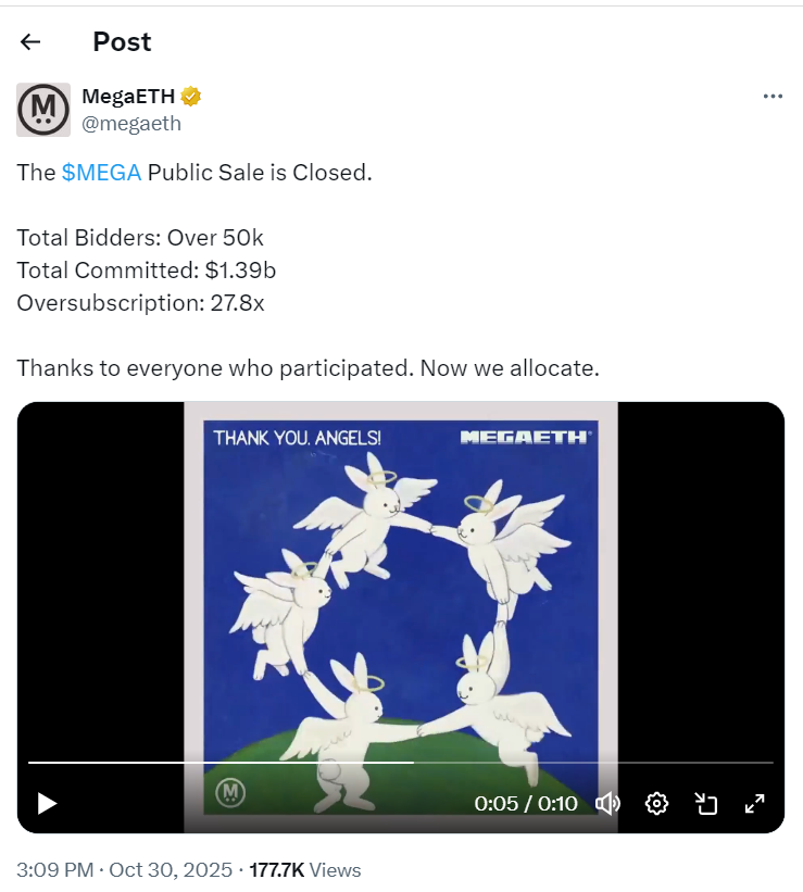 Публічний продаж токенів MegaETH у жовтні перевищив пропозицію в 28 разів і склав $28 млрд