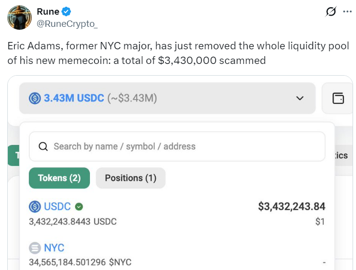 Мер Нью-Йорка запустив токен, який одразу обвалився на 90%, а інвестори втратили понад $3,4 млн