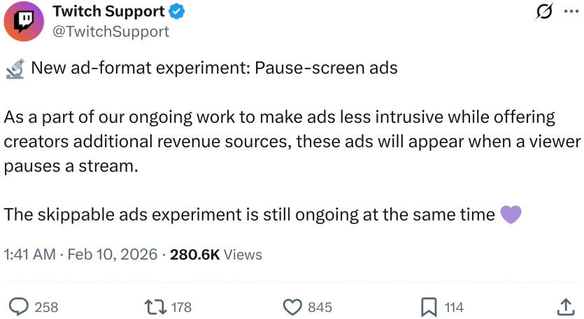Twitch запускає рекламу на паузі: новий формат для стрімерів і глядачів