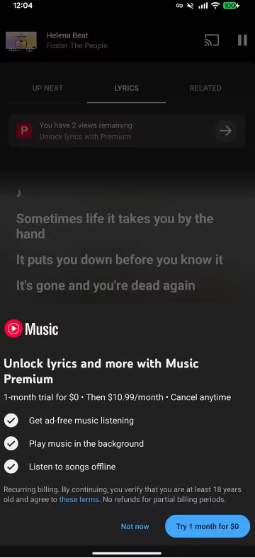 YouTube Music вимагає грошей за перегляд текстів пісень: 5 безплатно, далі &mdash; Premium