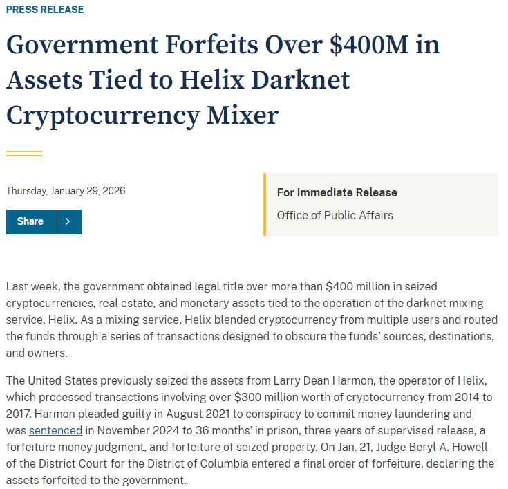 США остаточно конфіскували понад $400 млн у біткоїнах у криптоміксера Helix