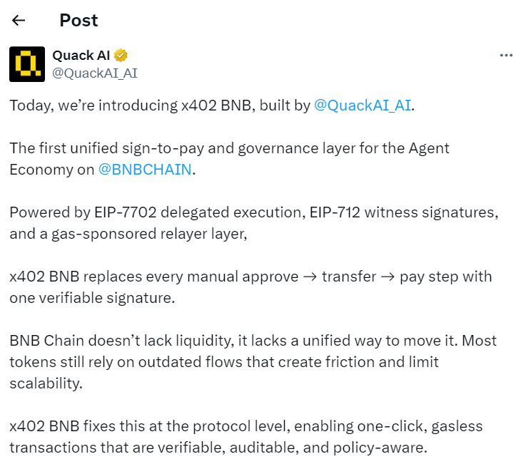 BNB Chain запускає x402-транзакції: тепер комісії стануть менше, а ефективнісь блокчейну збільшиться